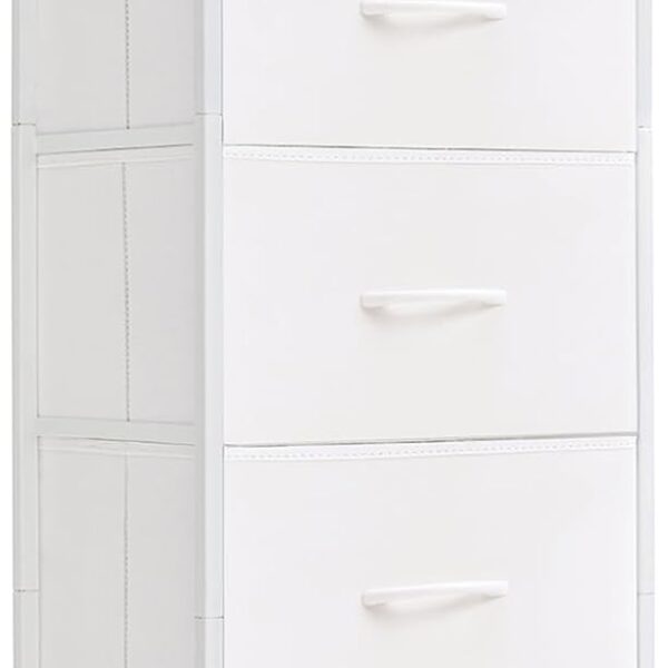 Tall Dresser for Bedroom with 5 Drawers, Storage Organizer Chest of Drawers with Removable Fabric Bins for Closet Bedside Nursery Laundry Living Room Entryway Hallway, White Leather
