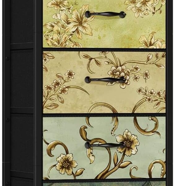 Vertical Dresser for Bedroom, Tall Skinny Storage Tower with 5 Fabric Drawers, Chest of Drawers for Living Room, Dorm, Entryway, Vintage Furniture, Wood Top