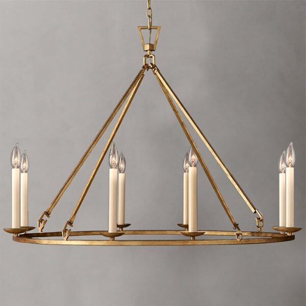 Gold Wagon Wheel Chandelier Rustic 35.4'' Candle-Shaped Metal Chandeliers Antique Brass Round Ceiling Hanging Light Fixture (8-Light)