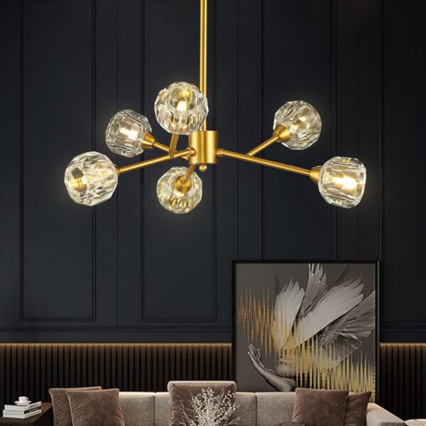 Chandeliers Mid Century Crystal Pendant Light Chandelier 6 Lights Contemporary Brass Branches Chandeliers Ceiling Light Fixtures for Dining Room Bedroom Living Room