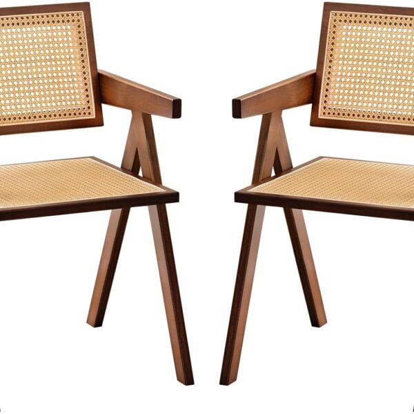Rattan Accent Chairs, Modern Mid Century Dining Chairs Set of 2, Comfy Armchairs, Outdoor Rattan Chairs with Armrest for Bedroom Living Room Reading Room Dining Kitchen, Brown