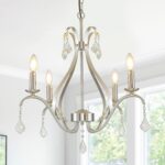Silver Dining Room Light Fixture/Chandelier Over Table,4-Light Farmhouse Crystal Candle Chandelier, 24" Rustic Kitchen Island Lighting, High Ceiling Hanging Chandelier,for Bedroom,Foyer,Entryway