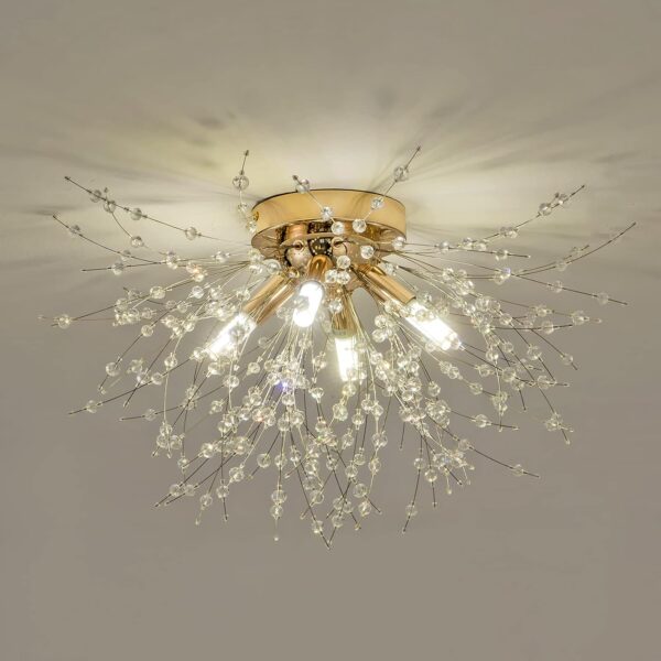 Modern Small Crystal Ceiling Light Fixture, 4-Light Gold Crystal  Firework Chandelier, Semi Flush Mount Ceiling Light Fixtures for Bedroom Kitchen Hallway Entryway Bathroom(H9.5'' x W17.7'')