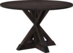 Round Solid Wood Rustic Dining Table for Farmhouse Kitchen Room Decor, Wooden Trestle Pedestal Base, 46.5" Wide Circular Tabletop, Distressed Dark Brown