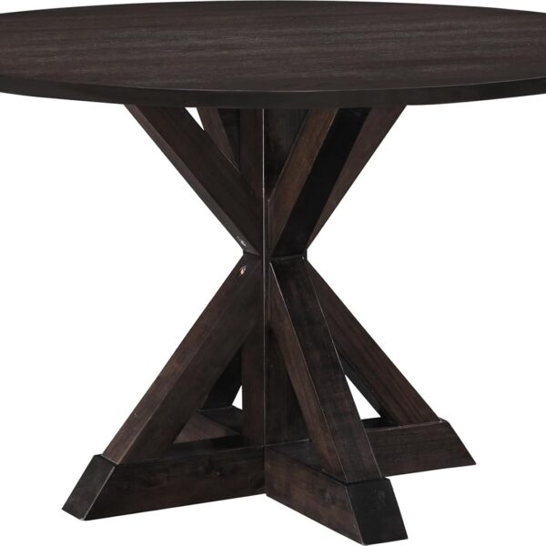 Round Solid Wood Rustic Dining Table for Farmhouse Kitchen Room Decor, Wooden Trestle Pedestal Base, 46.5" Wide Circular Tabletop, Distressed Dark Brown