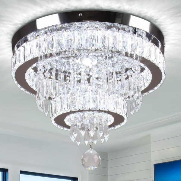 16" Modern Crystal Chandelier, 2 Rings LED Crystal Ceiling Light Semi Flush Mount Chandelier Ceiling Light for Bedrooms Living Room Dining Room (6500K Cool White)