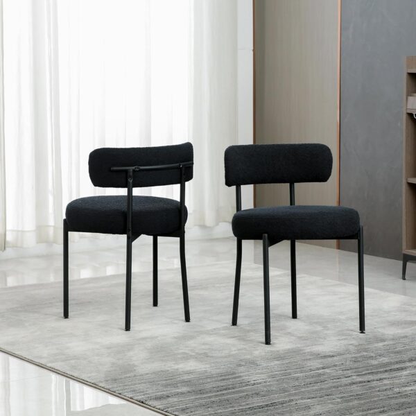 Black Dining Chairs Set of 2, Mid-Century Modern Dining Chairs, Kitchen Dining Room Chairs, Curved Backrest Round Upholstered  Dining Chair with Black Metal Legs