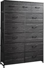Tall Dresser for Bedroom with 13 Drawers, Storage Dresser Organizer Unit, Fabric Dresser for Bedroom, Closet, Chest of Drawers, Steel Frame, Wood Top, Charcoal Black Wood Grain Print