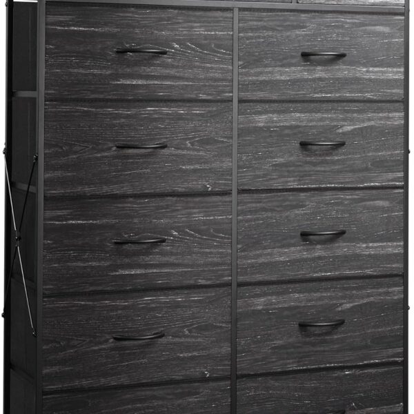 Tall Dresser for Bedroom with 13 Drawers, Storage Dresser Organizer Unit, Fabric Dresser for Bedroom, Closet, Chest of Drawers, Steel Frame, Wood Top, Charcoal Black Wood Grain Print