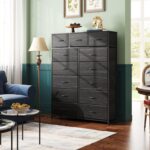 Tall Dresser for Bedroom with 13 Drawers, Storage Dresser Organizer Unit, Fabric Dresser for Bedroom, Closet, Chest of Drawers, Steel Frame, Wood Top, Charcoal Black Wood Grain Print - Image 2