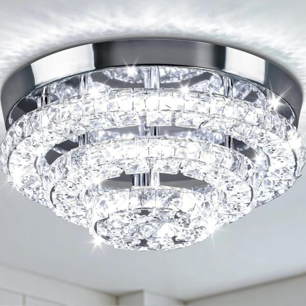 11.8" Crystal Chandeliers Modern Crystal Ceiling Light LED Chandeliers Semi Flush Mount Chandelier Crystal Ceiling Light Fixture for Bedrooms Dining Living Room Hallway (6500K Cool White)