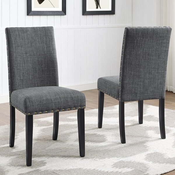 Gray Fabric Dining Chairs with Nailhead Trim, Pack of 2